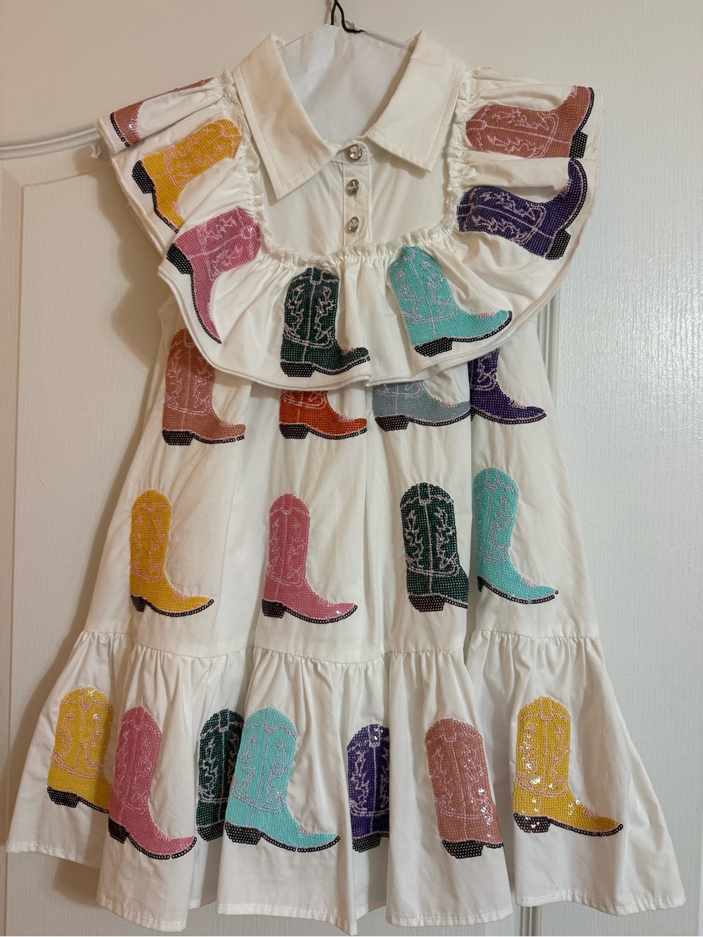QUEEN OF SPARKLES White Dress with Multicolor Cowboy Boot Embroidery
